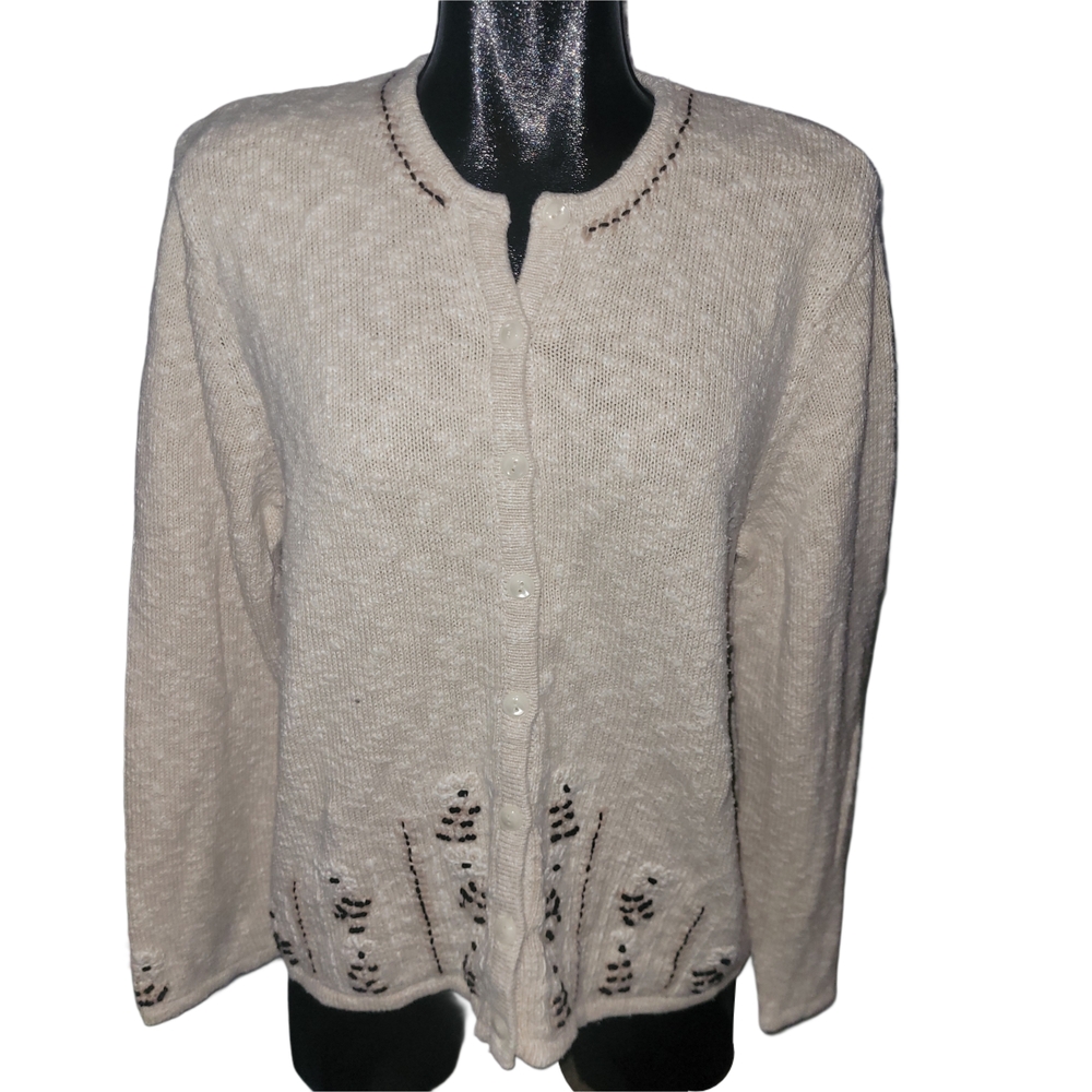 Vintage 90's Northern Reflections Women's Cream Embroidered Cardigan Sweater XL